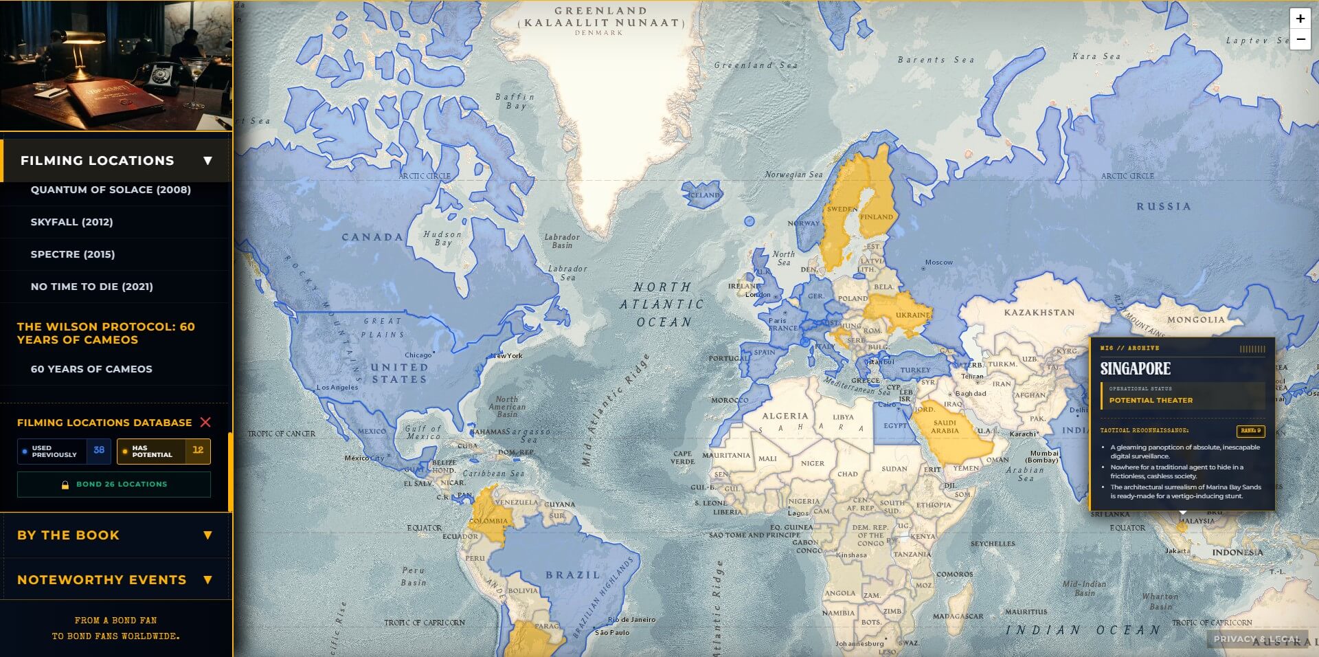 Tactical reconnaissance map layer analyzing potential Bond 26 filming locations worldwide
