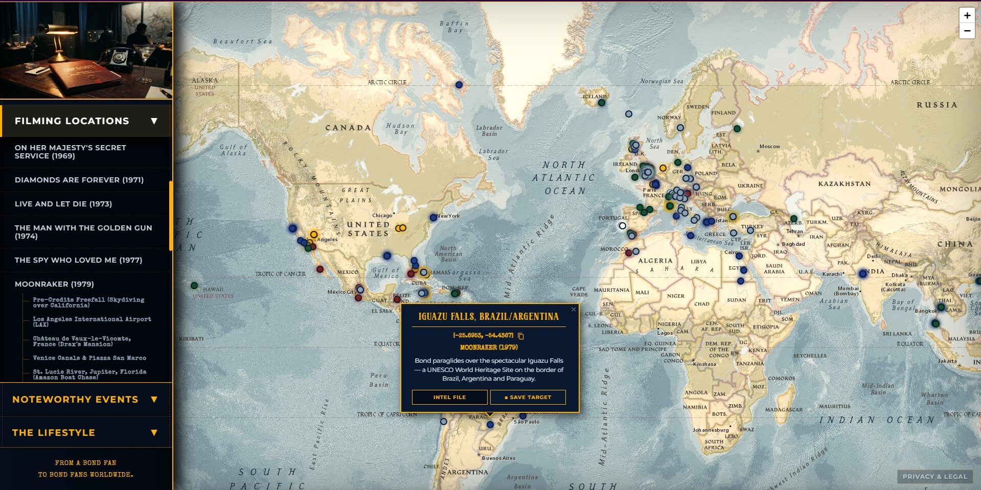 Interactive map of James Bond filming locations including Moonraker's Iguazu Falls paraglide sequence in Brazil
